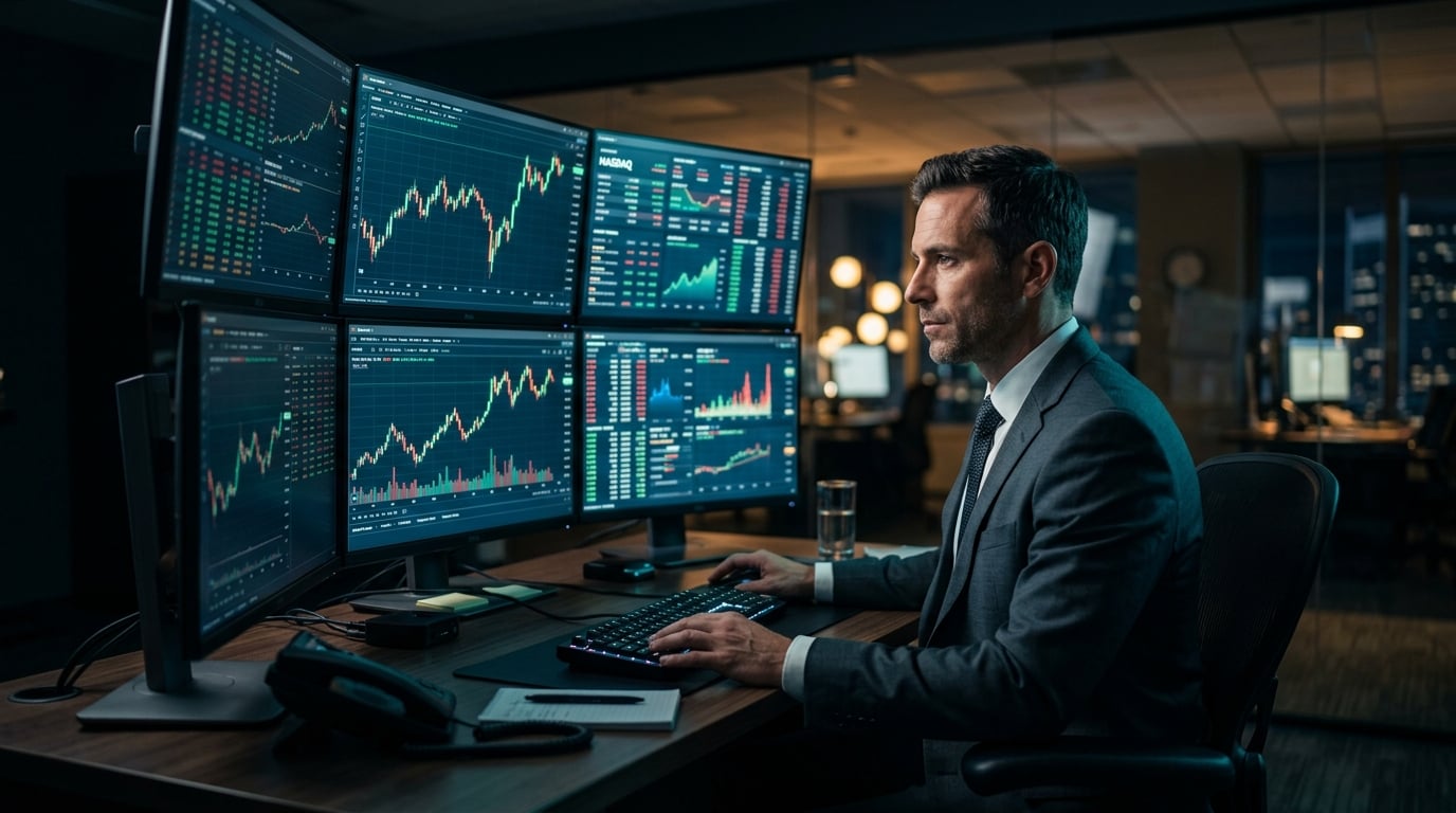 Trader analyzing financial data on multiple screens